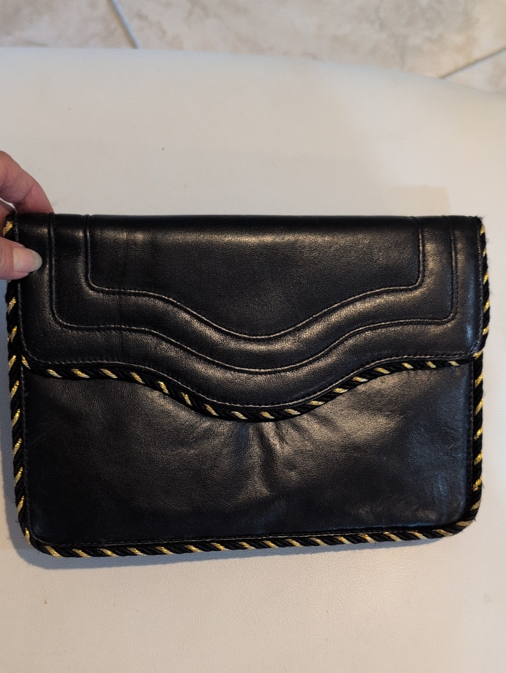 Vintage Jay Herbert Black Leather Wave Flap Clutch , Metallic Whipstitch - 80s